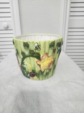 Hand-Painted Yellow Floral Ceramic Planter with Garden Motifs